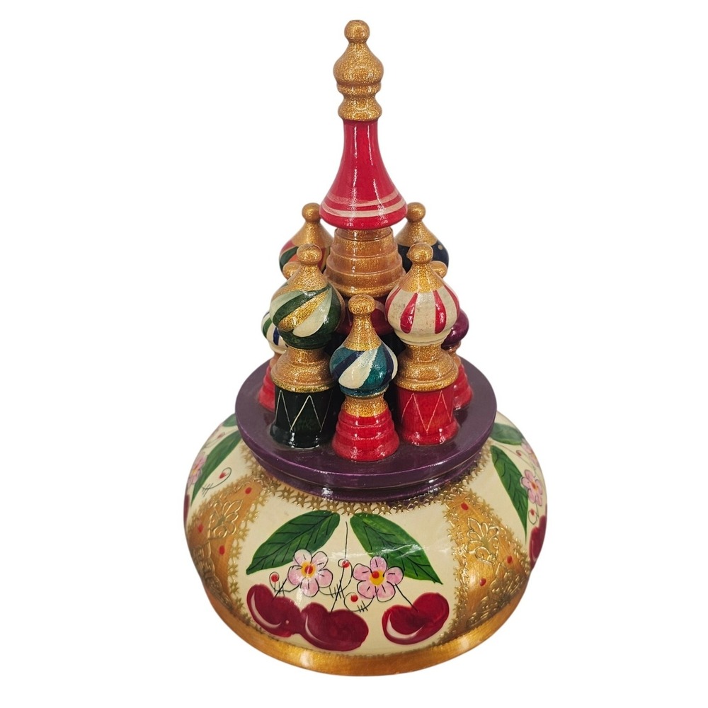 Russian St Basils Cathedral Wooden Music Box Hand Painted Cherry Floral Gold